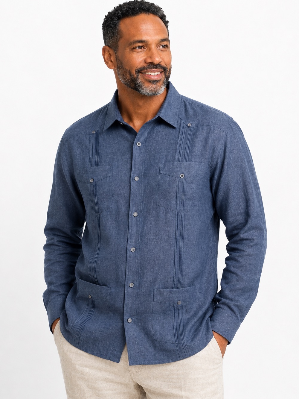 Cubavera 100% Linen Guayabera Shirt Mens XXL Blue Long Sleeve Button Front